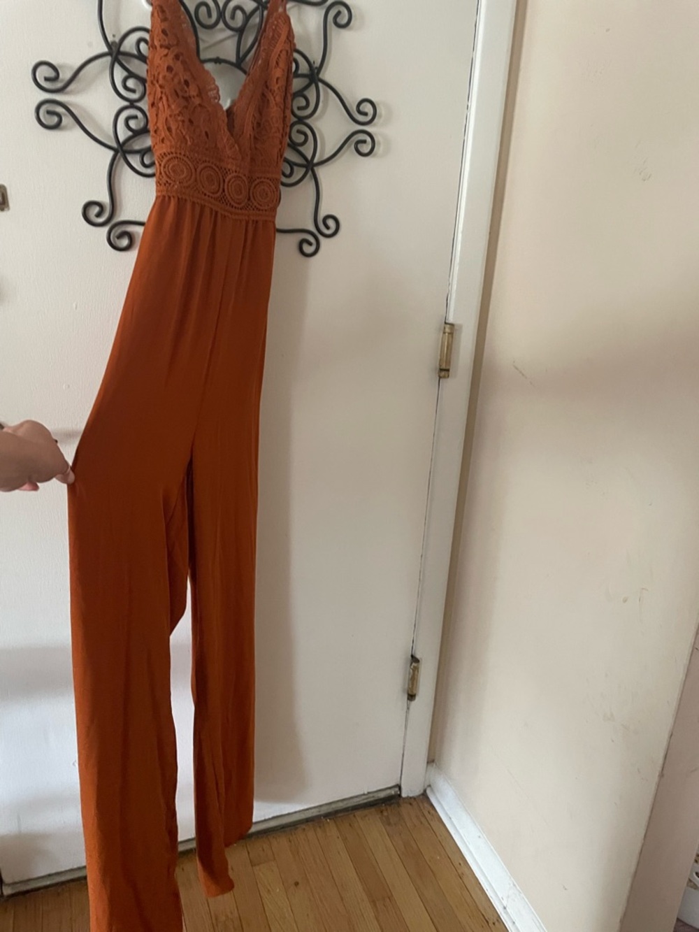 Sleeveless V-Neck Crochet Bodice Wide-Leg Jumpsuit in Rust